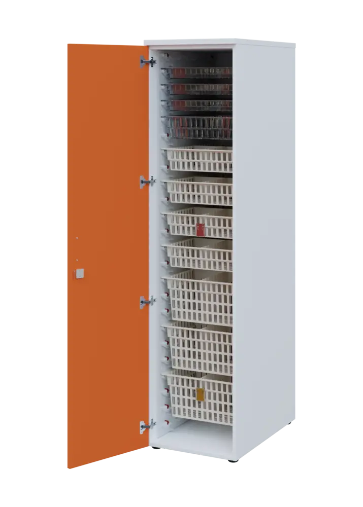 EUROMEDICA D - 46 skříň léková boxová, 1-dveřová, levá, 1950x460x735, korpus bílý, dvířka mandarinka